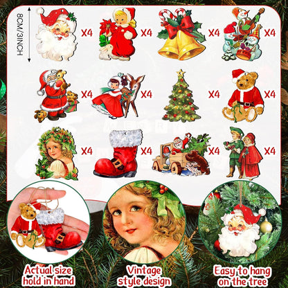 48 Pcs Victorian Style Wood Christmas Tree Ornaments - Hanging Vintage Decorations With Santa Claus and Snowman - Retro Wooden Ornament (Vivid Style)