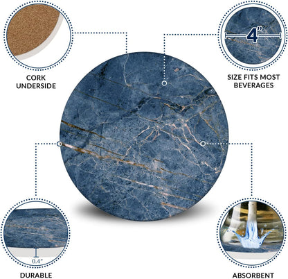 Emerson Coasters for Drinks Absorbent – Natural Stone Drink Coasters Set with Holder, Coasters for Coffee Table, Wooden Tabletop Protection Marble Style – 100% Heavy Duty Set of 6 (Ocean)