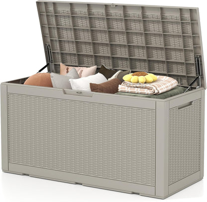 100 Gallon Deck Box Outdoor Waterproof, Rattan Outdoor Storage Box, Patio Storage Boxes for Cushions, Pillow, Garden Tools, Equipment