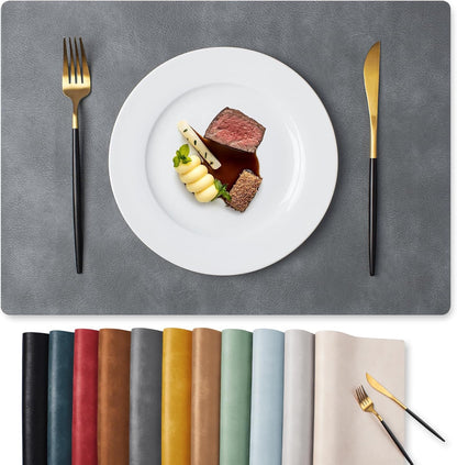 MOSAYT Vinyl Placemats Set of 6-12 X 17 Inch - Faux Leather 100% Waterproof Oil-Proof Wipeable PU Place Mats, Heat Resistant Reversible Table Mats for Kitchen, Dining, Outdoor (Grey)