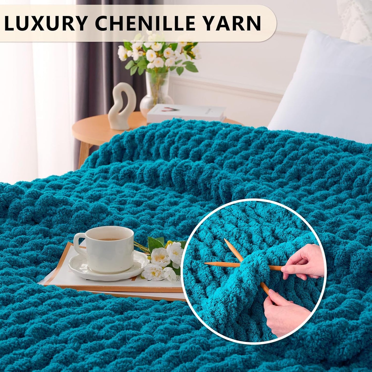 L'AGRATY Chunky Knit Blanket Throw: 50''x60'' Chenille Chunky Knitted Throw Blanket for Bed Couch - Handmade Thick Big Cable Knit Blanket - Large Crochet Rope Blanket for Home Decor(Teal)