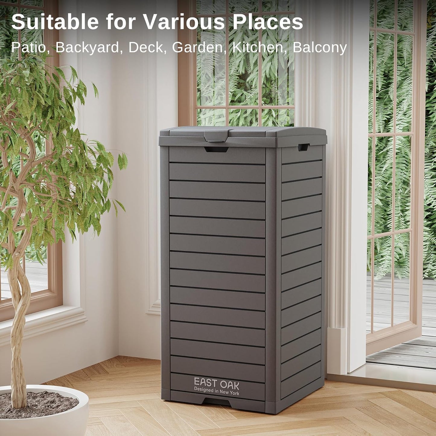 EAST OAK 38 Gallon Outdoor Trash Can | Waterproof Resin Garbage Can with Tiered Lid & Drip Tray | Outside Trash Bin for Patio | Kitchen, Backyard & Deck | Gray Color