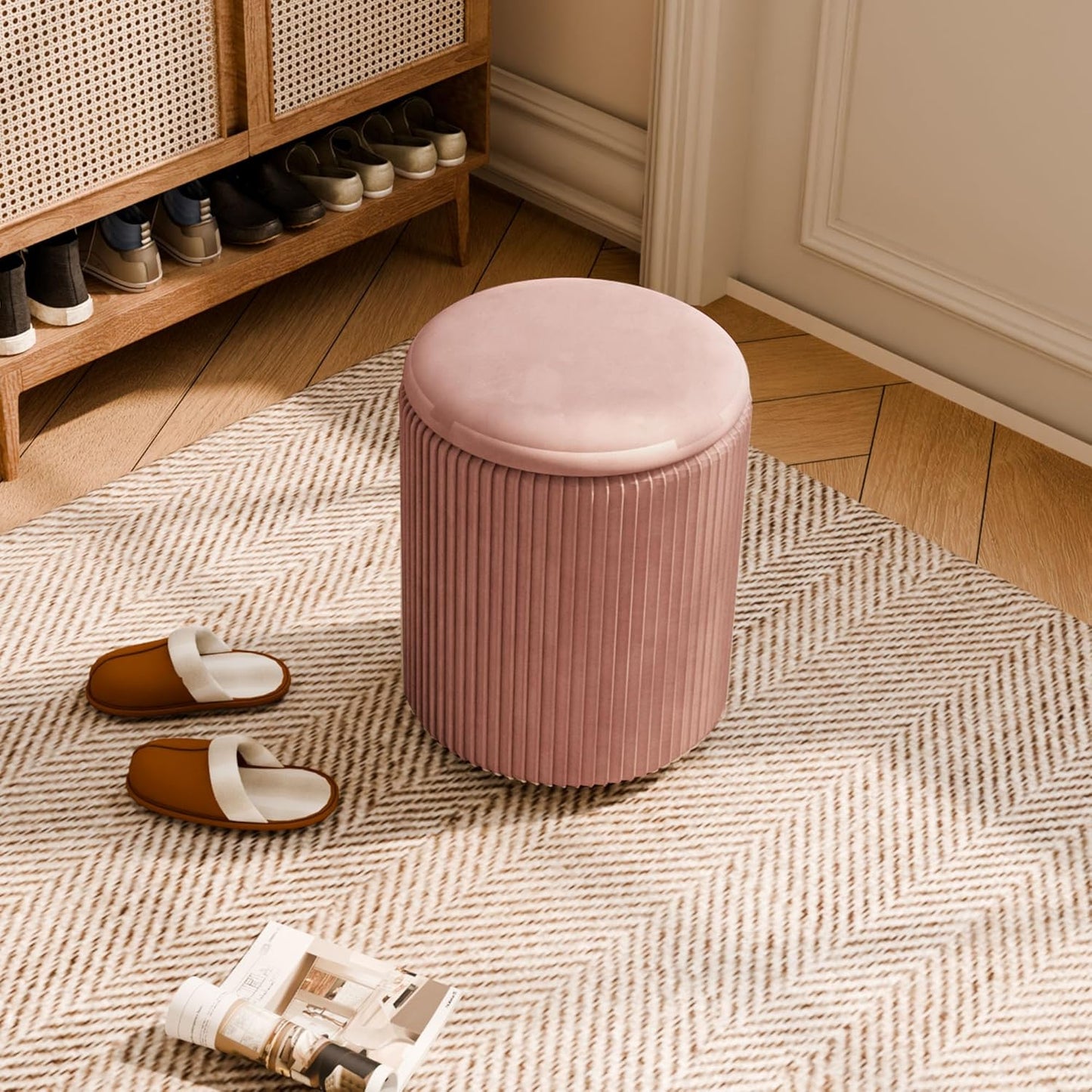 Ottoman with Storage Set of 2, Velvet Storage Ottoman, Upholstered Sponge Vanity Stool Support 300lbs, Multifunctional Coffee Table Foot Rest Ottomans for Living Room Bedroom, Pink