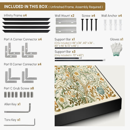 SIGNWIN 60"x72" Extra Large Framed Wall Art Vintage Botanical Floral with Golden and Teal Leaves, Elegant Nature Illustration for Home Living Room Bedroom Decor (Frame Assembly Required)