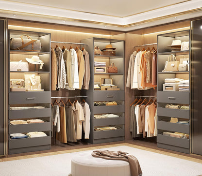 Aheaplus Closet System with 12 Drawers, 8.5-11.5Ft Wood Closet Organizer System with 4 Hanging Rods & 3 Towers, 4Ft & 6Ft L-Shaped Walk-in Closets Wardrobe Organizer Clothes Rack, Set of 3, Grey