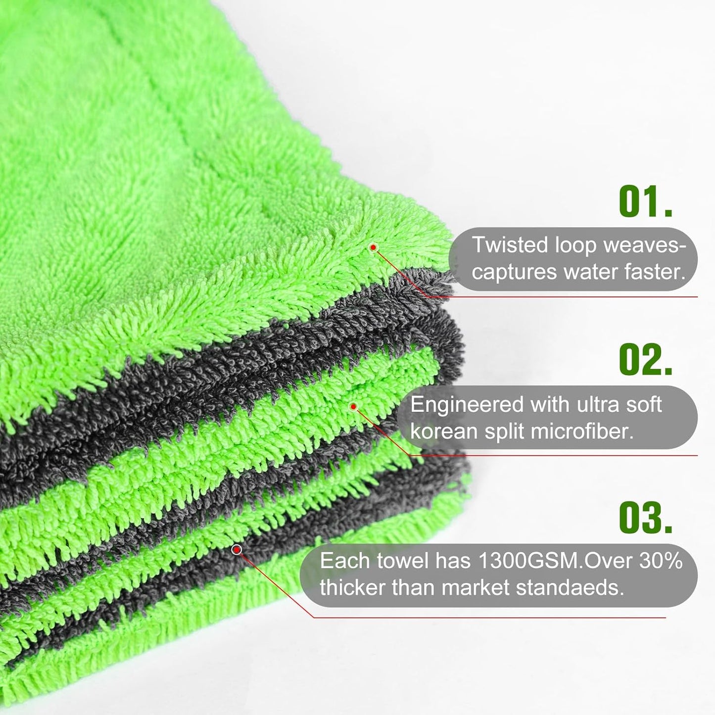 2 Pack XL Car Drying Towel – 1300GSM Ultra Absorbent Microfiber, 24"x36" Large Size, Twisted Loop, Lint-Free & Streak-Free for Auto Detailing, Car, SUV, Truck (Gray-Green)