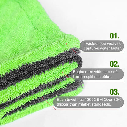2 Pack XL Car Drying Towel – 1300GSM Ultra Absorbent Microfiber, 24"x36" Large Size, Twisted Loop, Lint-Free & Streak-Free for Auto Detailing, Car, SUV, Truck (Gray-Green)