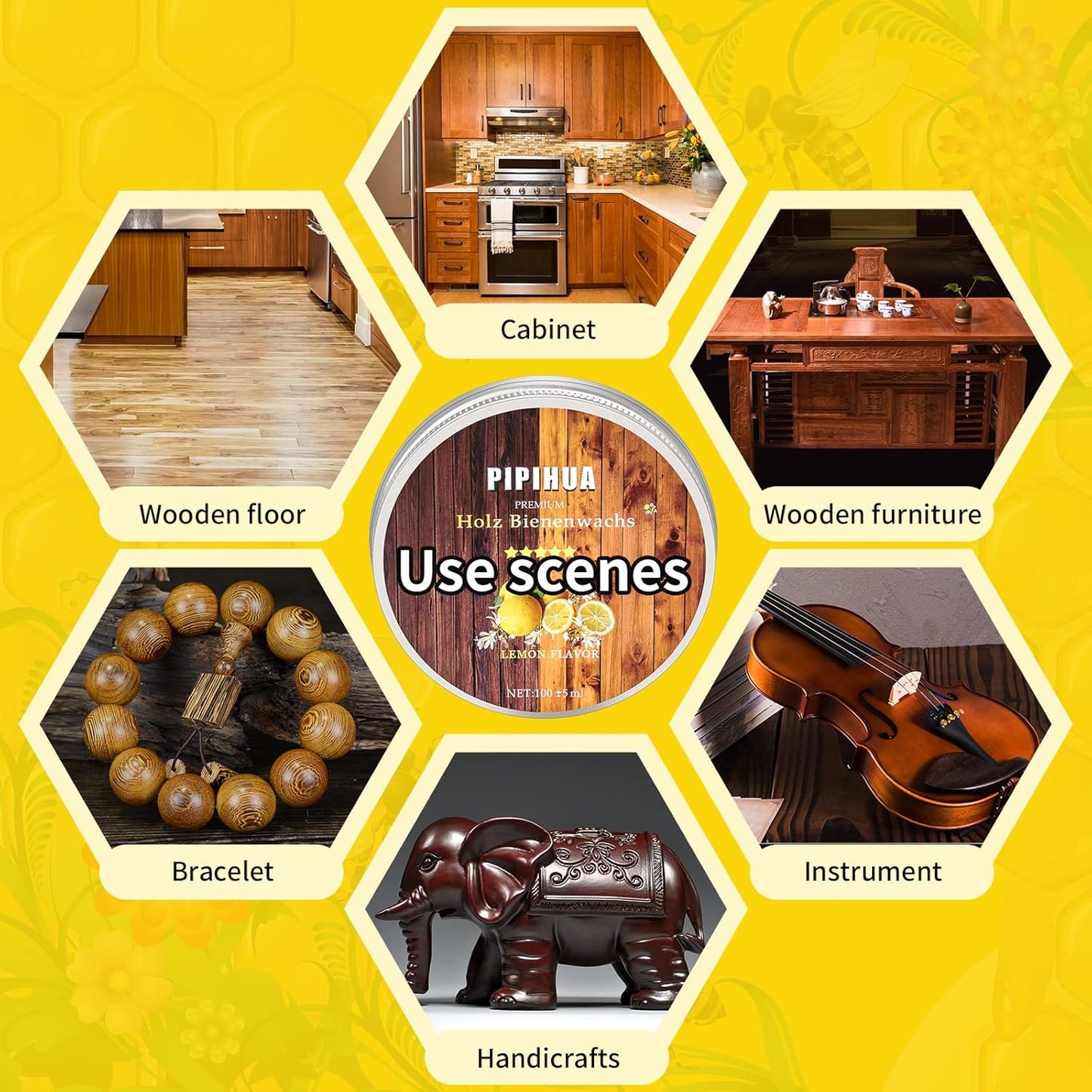 PIPIHUA Beeswax Polish and Conditioner for Wood Furniture - Waterproof & Restorer Wood Wax, Multipurpose Beeswax Furniture Polish and Cleaner for All Types and Colours, Lemon(2×100g with 3 Sponges)