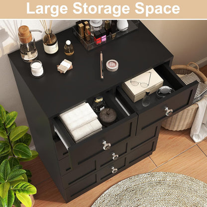 Wood Dresser for Bedroom 6 Drawer: 24" Black Chest of Drawers Wood, Modern Fluted Cabinet with Sturdy Storage, Wide Aesthetic Furniture for Room Organization