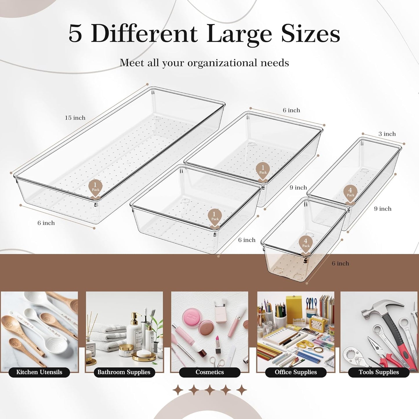 Criusia 11 PCS Clear Plastic Drawer Organizer Set - 5 Large Size Versatile Kitchen and Bathroom Organizer Trays, Non-Slip Storage Bins for Makeup, Utensils, Tool and Office Desk