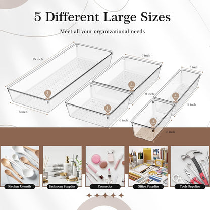 Criusia 11 PCS Clear Plastic Drawer Organizer Set - 5 Large Size Versatile Kitchen and Bathroom Organizer Trays, Non-Slip Storage Bins for Makeup, Utensils, Tool and Office Desk