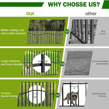 8 Panels Tall No Dig Garden Fence - 40in H x 18ft L, Reinforced Square Tube Rustproof Animal Barrier, Decorative Metal Fencing for Yard & Outdoor Dog Pet Play Areas