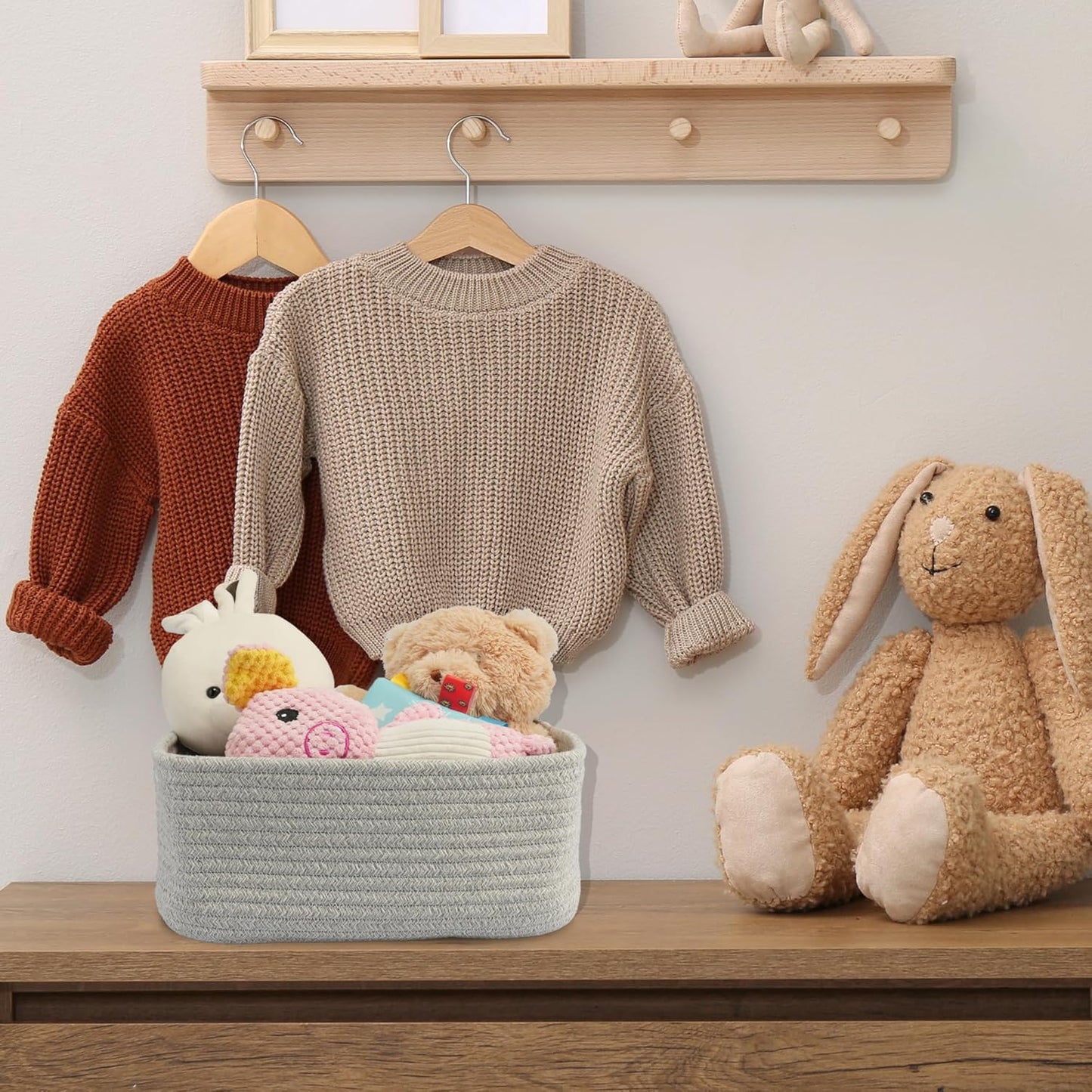 Small Woven Storage Baskets 13“X9”X5“ Decorative Rope Bins for Organizing Shelves, Closets, and Toys, Empty Gift Baskets, Cute Organizer Basket for Home and Office (grey, Large)