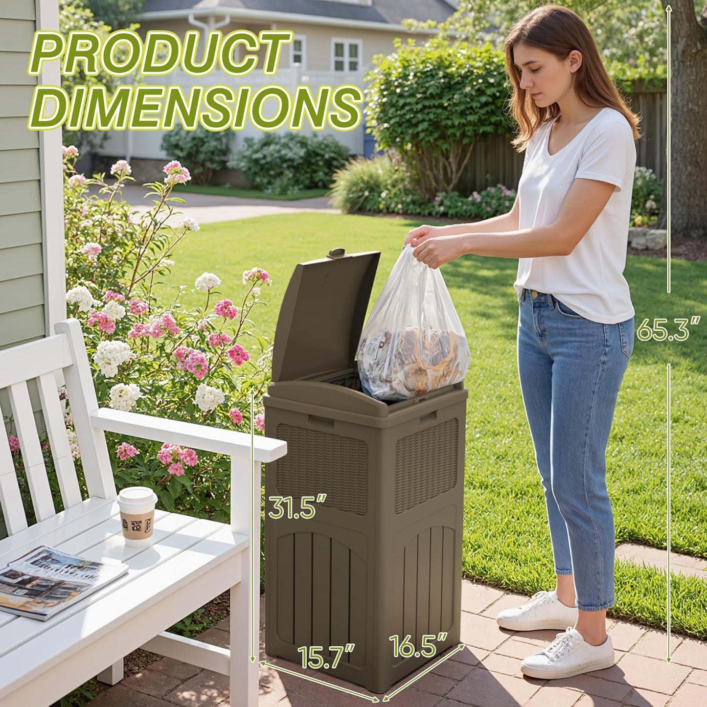 Greesum 33 Gallon Resin Outdoor Trash Can with Lid, Waterproof Resin Garbage Bin for Hideaway, Patio, Deck, Light Brown