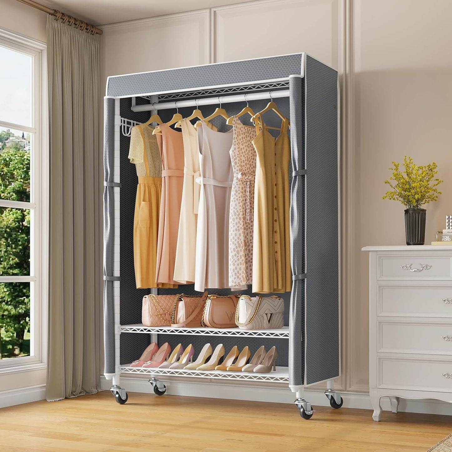 VIPEK R3C Portable Closet with Cover - Heavy Duty Freestanding Clothes Rack with Wheels & Hanging Rod & Side Hooks, 36.6" Lx17.3 Wx72.4 H, White Rack with Grey Upgraded Polyester Cover