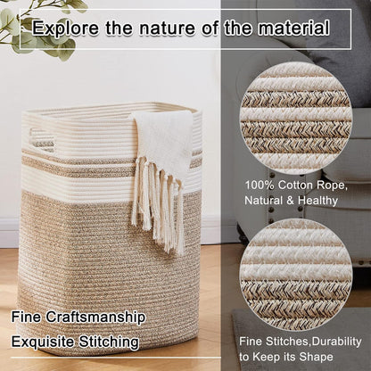 OIAHOMY Laundry Hamper-Laundry Basket,Tall Cotton Storage Basket with Handles,Decorative Blanket Basket for Living room,Collapsible Large Basket for Toys,Pillows,Clothes-16x13x22in-Yellow variegated