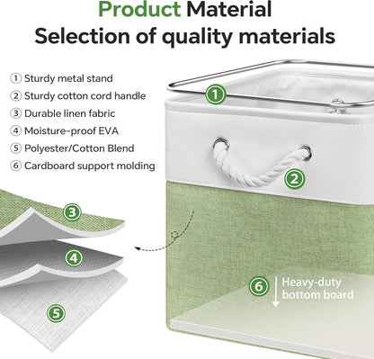 13x13 Inch Cube Storage Bins with Reinforced Bottom Cardboard, 6 Pack Large Collapsible Fabric Storage Cubes with Handles for Shelf, Closet, Toy, Laundry Organization (White&Green)