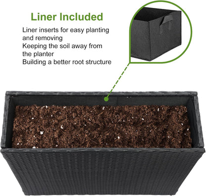 LEWIS&WAYNE Large Rectangular Block Planter Box Handmade Wicker Tall Planters for Outdoor Plants with Removable Liners Modern Planter for Indoor Outdoor Patio Deck - Black, 32''x11''x24''