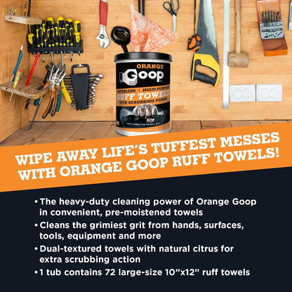 GOOP Orange Heavy Duty Ruff Towels with Scrubbing Power, 10” x 12” Dual Textured Multi-Purpose Cleaning Wipes, Removes Dirt, Grease, Oil, 72 Count
