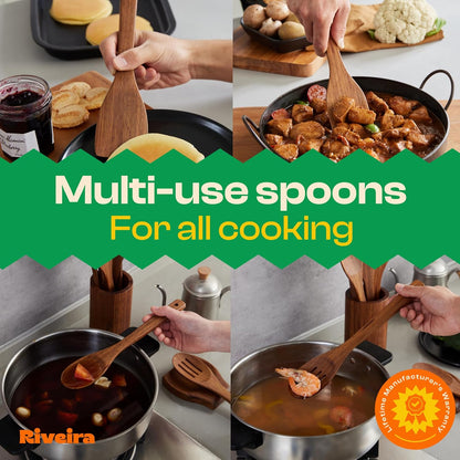 Riveira Teak Wooden Spoons for Cooking Set of 6 – Natural Teak Wooden Cooking Utensils, Wooden Spatula, Wooden Spoon - Premium Quality Wooden Utensil Set for Non-Toxic Cooking