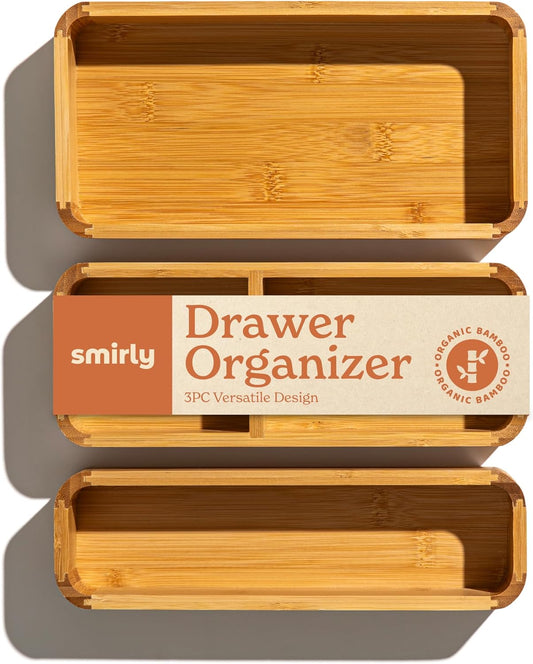 SMIRLY 3-Piece Bamboo Kitchen Drawer Organizer Set for Large and Small Utensils, Multi-use Storage Box - Bathroom, Nightstand, Jewelry, Cutlery, Knife, Spice, Towel, Junk Drawer Tray