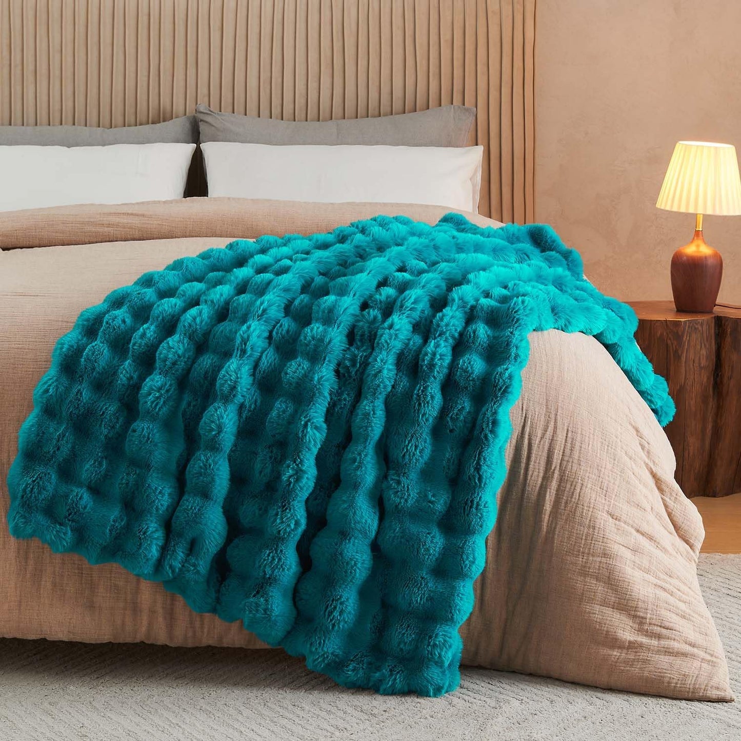 Lotus Karen Faux Fur Throw Blanket Teal - Big Bubble Rabbit Fluff Blanket for Couch Bed Sofa,Softest Fluffy Fuzzy Cozy Blanket,Thick Furry Plush Shaggy Warm Blankets for Women,108x90 Inches