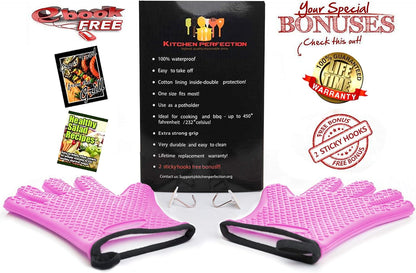 KITCHEN PERFECTION Silicone Smoker Oven Gloves -Extreme Heat Resistant BBQ Gloves-Handle Hot Food Right on Your Grill Fryer & Pit|Waterproof Grilling Cooking Baking Mitts|Superior Value Set+3 Bonuses