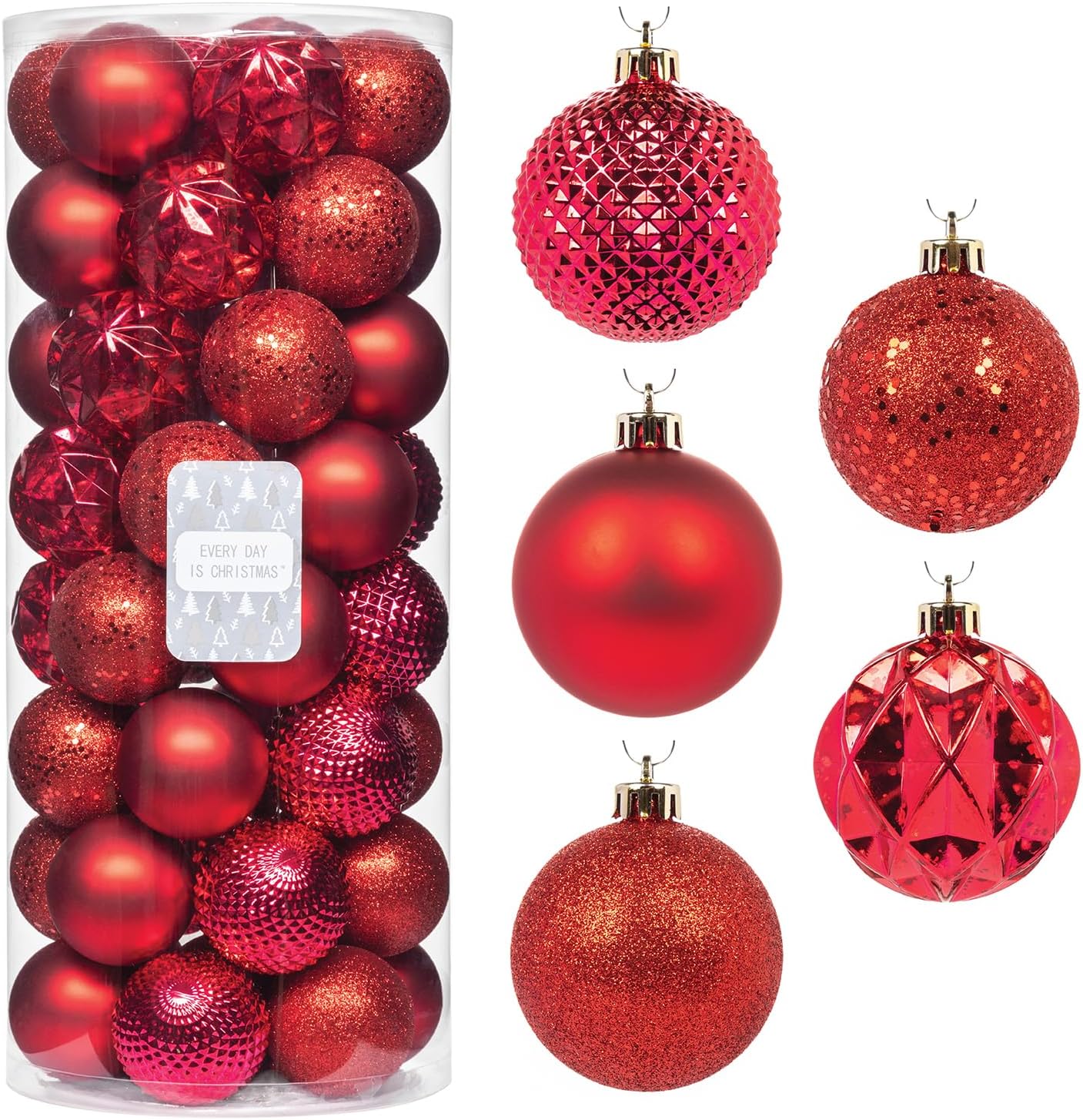 Every Day is Christmas Ornaments, Shatterproof Christmas Tree Ornament Set, Christmas Balls Decoration 50 Count (2.24"/57mm, New Red)