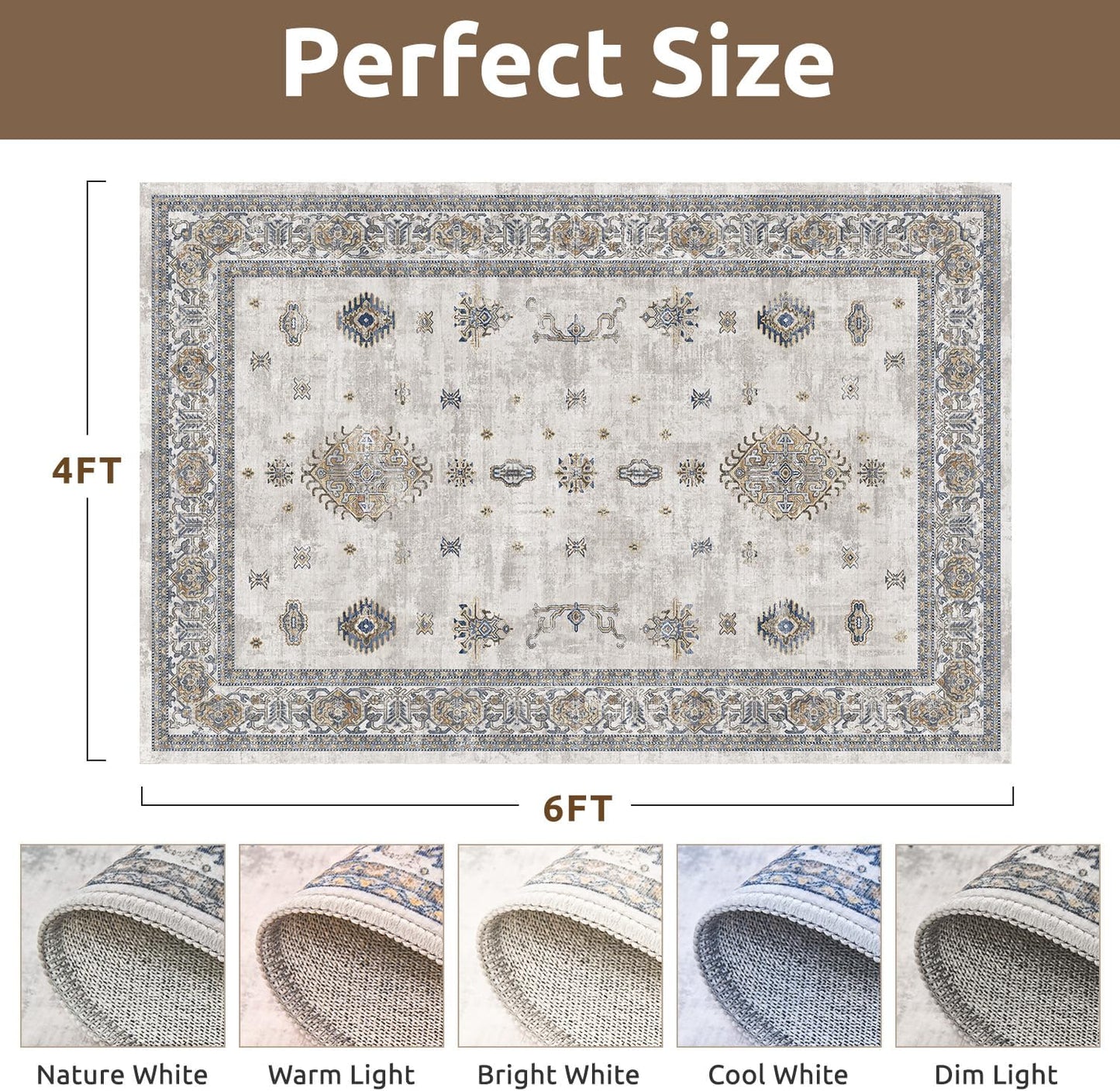 AMOAMI-Vintage Area Rug 4x6 Grey Rugs for Living Room-Soft Living Room Rug Non Slip Rugs for Bedroom Carpet Machine Washable Rug for Dining Room Bedside Office Room Decor