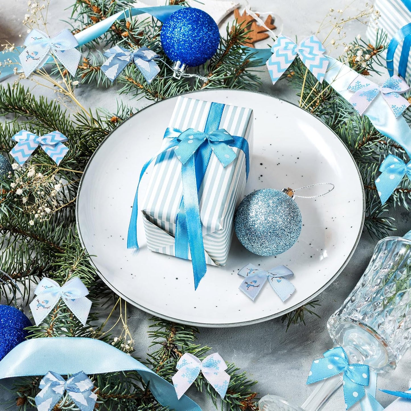 Syhood 150 Pcs Christmas Mini Bow Tiny Twist Tie Bow Handmade Craft Ribbon for DIY Sewing Party Decor(Blue and White,Snowy)