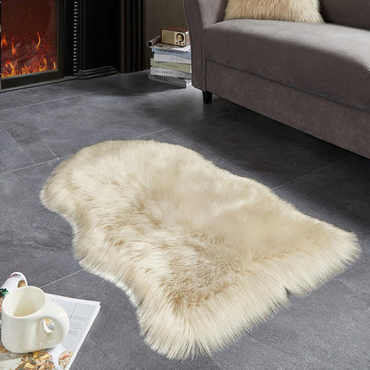 AMTOVO Faux Fur Rug, Beige Small Area Rug, Fluffy Sheepskin Rug, Fuzzy Ultra Soft 2 x 3 ft Shag Rugs for Bedroom Sofa Throw Cushion Room Decor, Sheepskin
