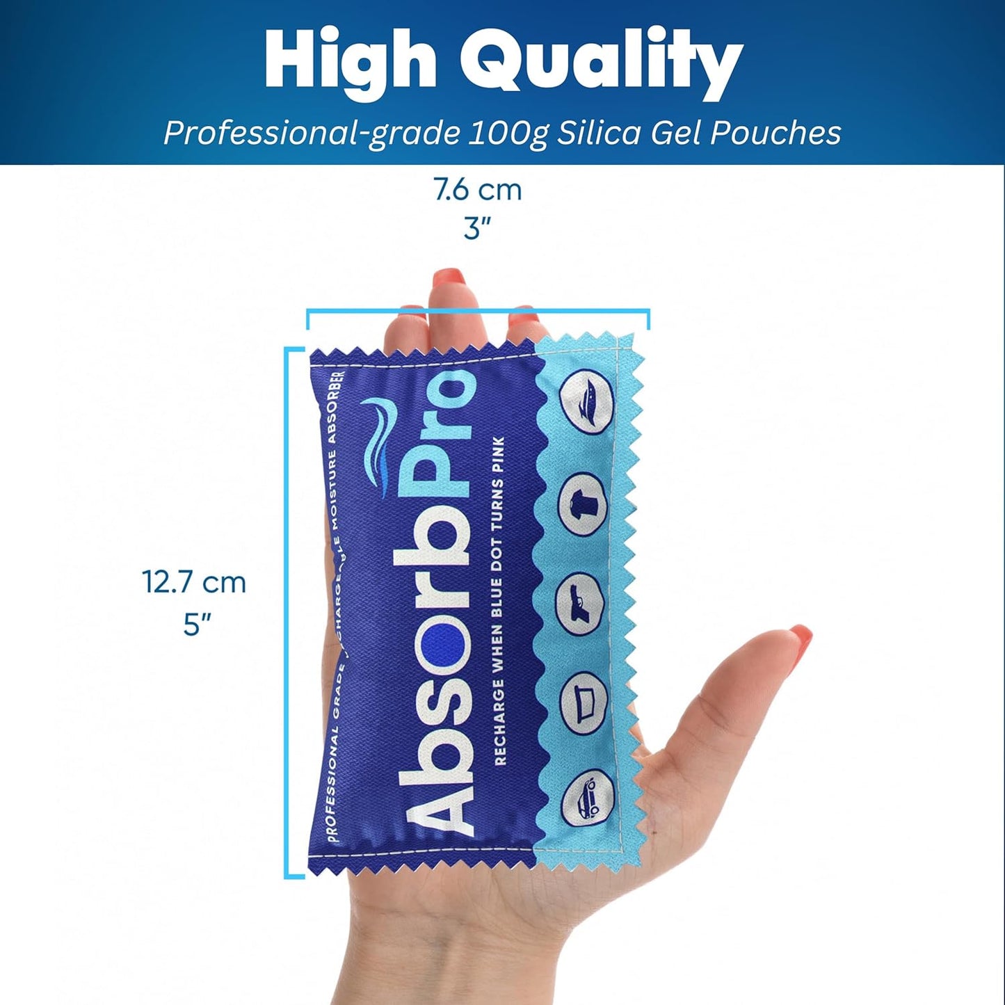 Rechargeable Dehumidifier Bag 10-Pack - 100g Reusable Moisture Absorbers - Silica Gel Packets for Bins, Totes, Gun Safe, Food Storage, Clothes, Cars, and Boats