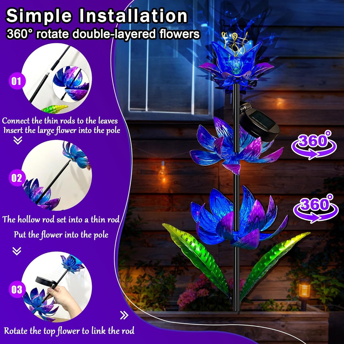 Solar Wind Spinner Outdoor, 63 Inch Metal Wind Spinner Yard Art with LED Lights, Three-Layer Flower Design Pinwheels for Yard and Garden Decor, Solar Garden Decor