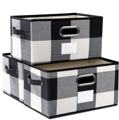 PRANDOM Fodable Storage Bins for Closet [3-pack] Decorative Fabric Storage Baskets Cubes with Leather/Metal Handles for Shelves Bedroom Living Room Black and White Grid (11.5x8.5x6.7 Inch)