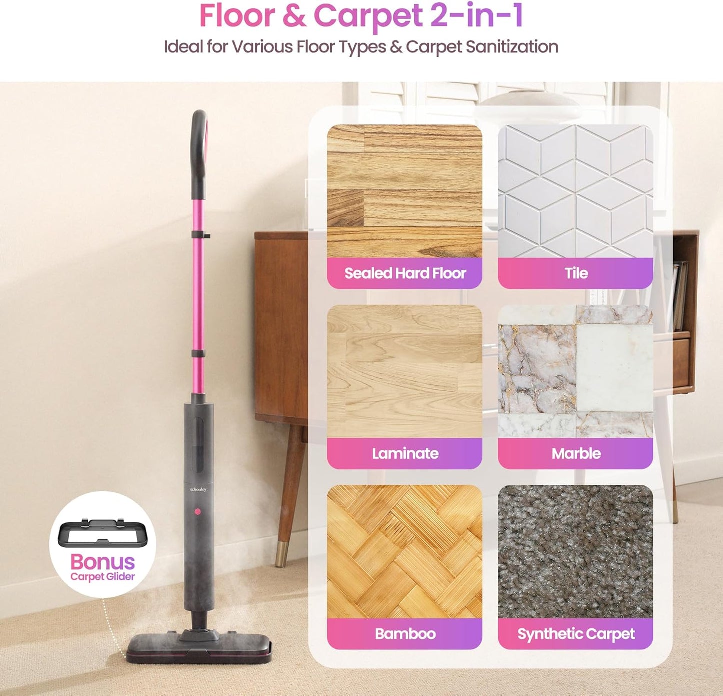 Schenley Steam Mop Cleaner Powerful - 15s Fast Heat-Up, Chemical-Free for Hardwood/Tile/Laminate & Floors/Walls, Washable Pads, 3 Modes for Carpet, Lightweight, Self-Standing, Sleek Design