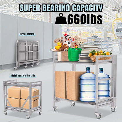 2 Shelf Rolling Cart with Wheels, 660lbs Capacity Collapsible Steel Rolling Utility Cart, Heavy-Duty Foldable Workbench, Metal Rolling Storage Cart with Handle for Groceries, Warehouse (36" Lx26 W)