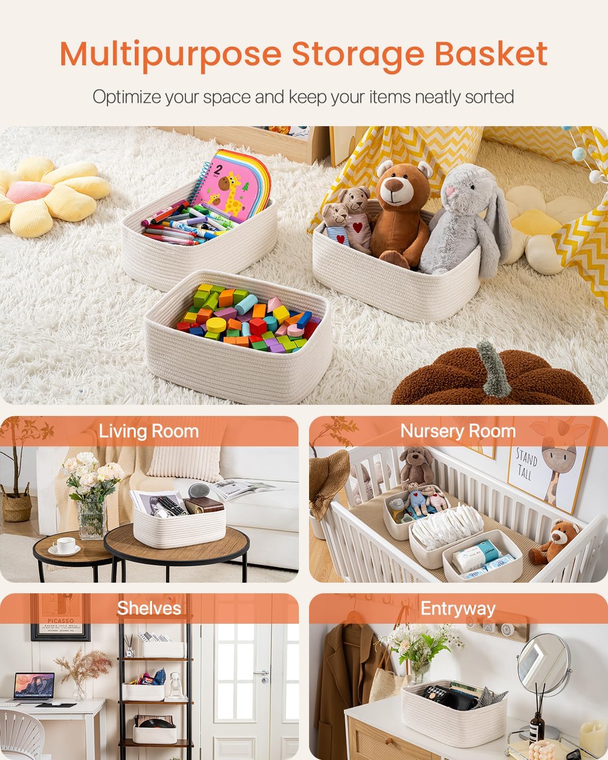 Small Woven Basket, 13.5 x 9.5 x 5 Inches, Storage Basket for Organizing, Cute Small Rope Shelf Closet Cube Storage Bins Baskets for Shelves, Dog Toy Gift Baskets Empty, 3 Packs, Off White