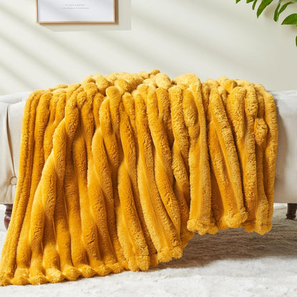 NEWCOSPLAY Super Soft Throw Blanket Mustard Yellow Premium Silky Flannel Fleece 3D Ribbed Jacquard Lightweight Bed Blanket All Season Use (Mustard Yellow Ribbed, Throw(50"x60"))