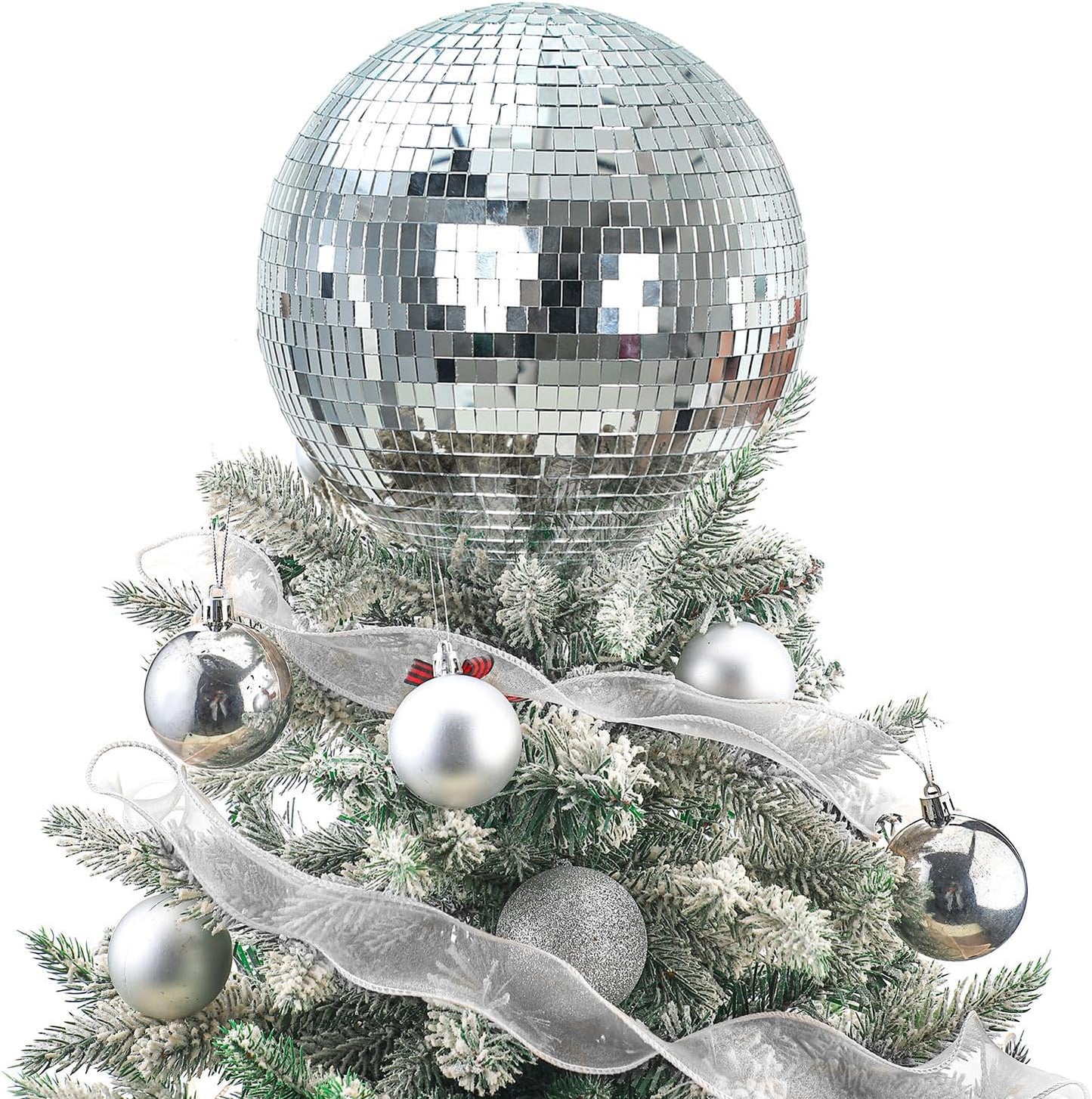 Retisee 8'' Disco Ball Christmas Tree Topper Disco Mirror Ball Xmas Tree Topper 3D Hollow Silver Decor Ornament for 70s Holiday Wedding Birthday Party Decorations