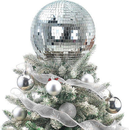 Retisee 8'' Disco Ball Christmas Tree Topper Disco Mirror Ball Xmas Tree Topper 3D Hollow Silver Decor Ornament for 70s Holiday Wedding Birthday Party Decorations