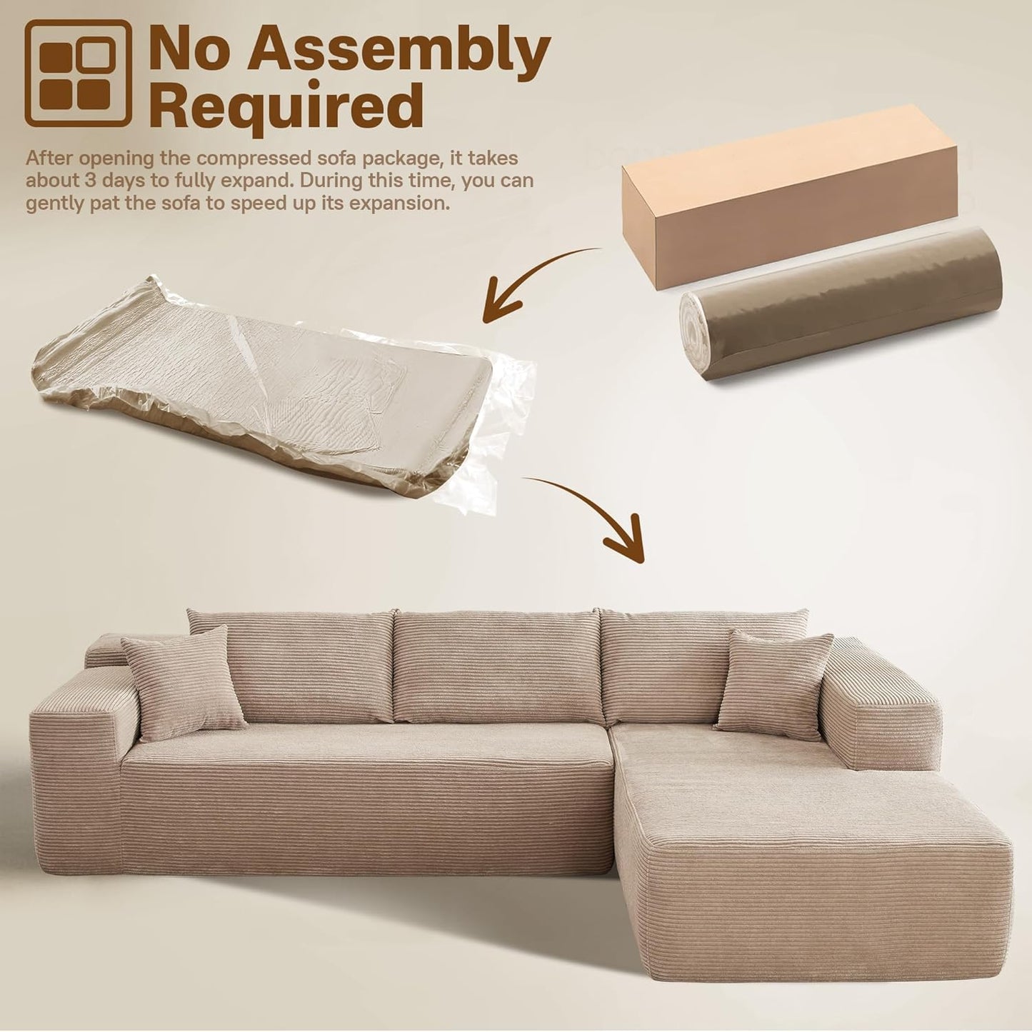 104" Cloud Sectional Couches for Living Room,L Shaped Boneless Couch in A Box,Sleeper Sofa with Comfy Chaise No Assembly Required,Camel