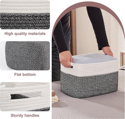 OIAHOMY 4 Pack Storage Baskets for Organizing, Basket for Shelves with Handle, Woven Baskets for Storage Toys, Towels, Books, Cotton Rope Basket 13" L x 9 " W x 7.8 " H, Black & White