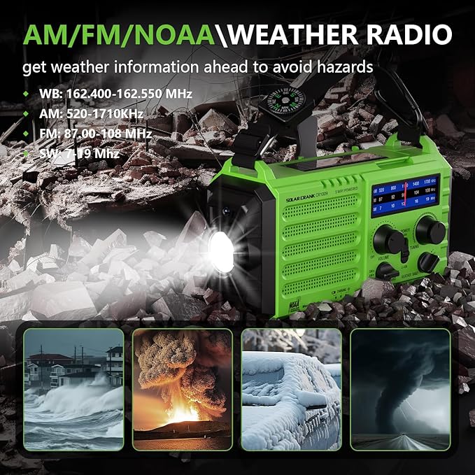 NOAA-Certified Emergency Weather Radio, AM/FM Portable Solar Hand Crank Powered with Flashlight & Reading Lamp for Emergency, Rechargeable Battery, SOS Alarm, Cell Phone Charger for Outdoor & Home Use