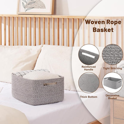 OIAHOMY Storage Basket for Shelves, Closet Cube Storage Bins Baskets for Clothes Blanket Towels, Baby Nursery, Toy Baskets Box, Woven Rope Basket, 15.75*11.81*7.09 IN, 2 Packs Grey