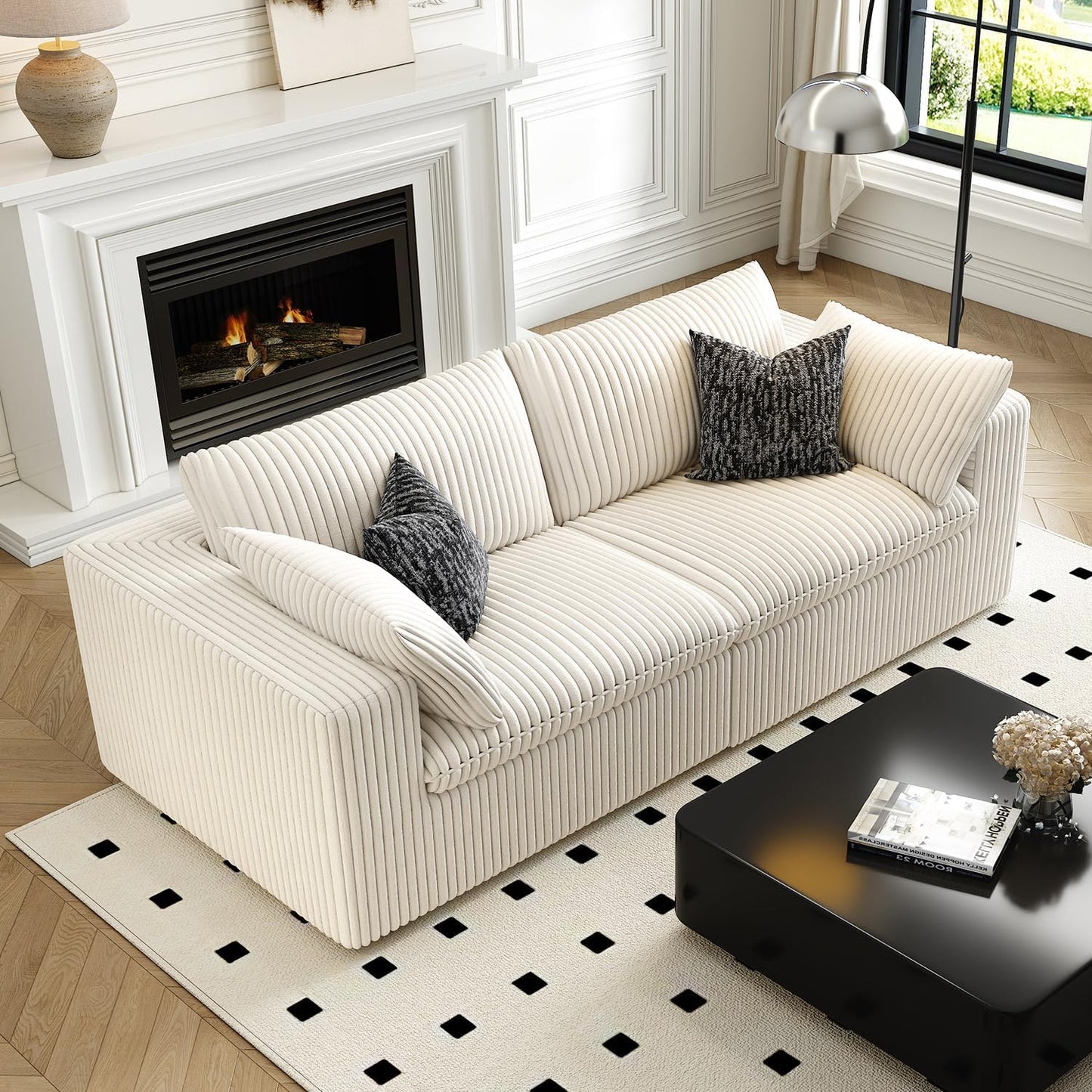 LoveSeat Cloud Couch Modular Sectional Sofa for Living Room,Modern Sofa with Deep Seat，2 Seater Boneless Couch,Comfy Upholstered Corduroy Couches for Apartment, Studio, Office,Bedroom，White