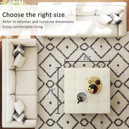 Large Square Ottoman Coffee Table, Linen Solid Upholstered Footrest Ottoman with Solid Wood Shelf Storage Tufted Coffee Table for Bedroom Living Room, Ivory