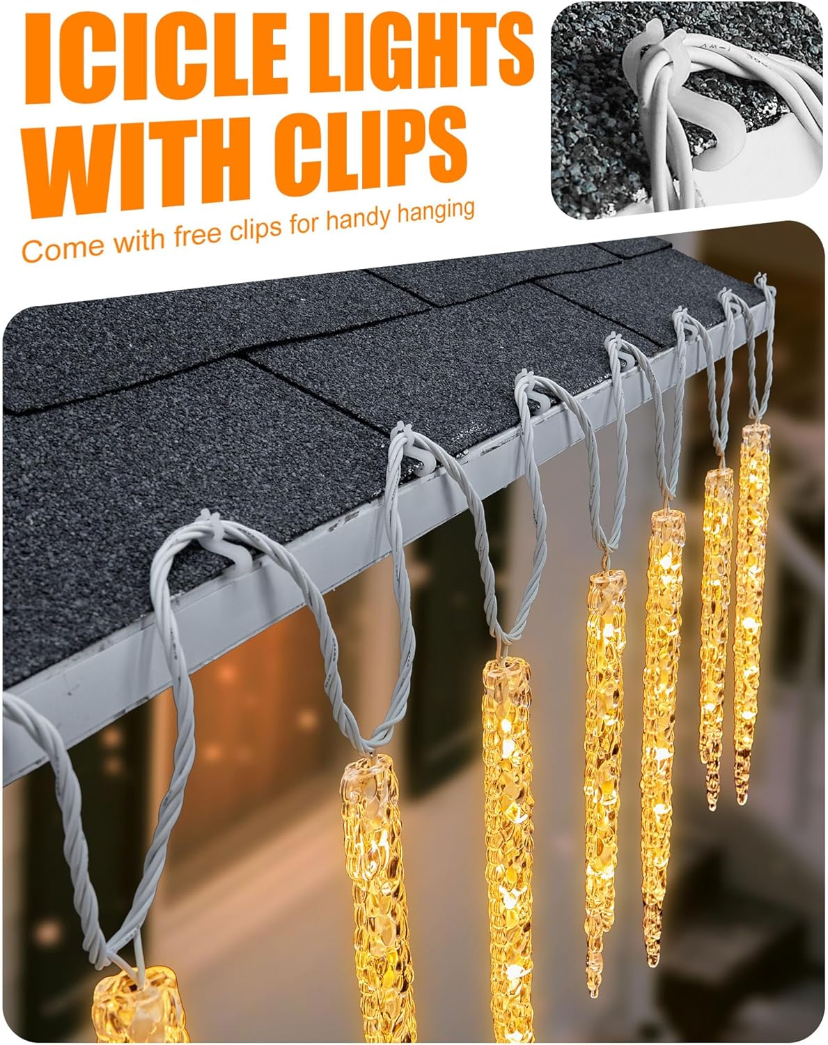 Minetom Icicle Lights Outdoor with Clips, 20ft 100 LED 20 Tubes Twinkling Crystal String Lights, Connectable Waterproof Hanging Icicle Christmas Lights Plug in for Eave Outdoor, Warm White