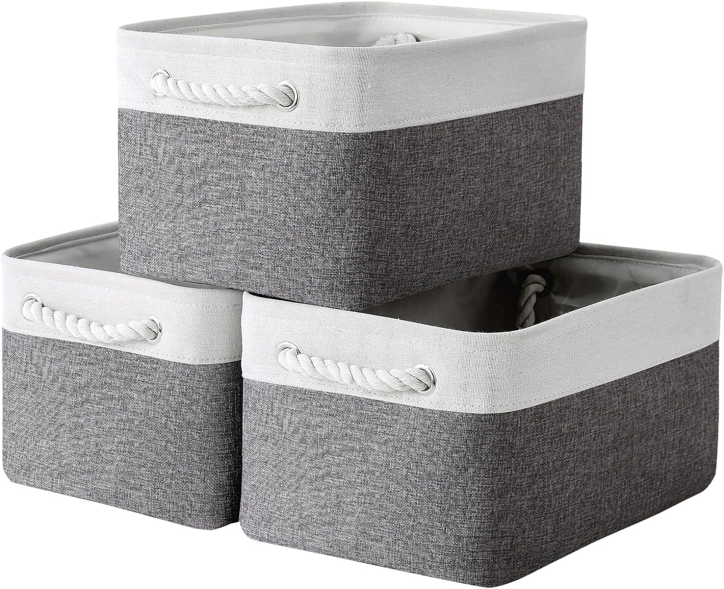 TcaFmac Collapsible Storage Bins for Organization - Large 3 Pack Canvas Storage Basket for Shelves, Organizer Baskets for Organizing for Closet Cloth Dog Toy Baby (White & Grey 16x12x8 inch)
