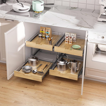 Pull Out Cabinet Organizer,Heavy-Duty Slide Out Shelf, Wood and Wire Basket, Pull Out Drawer for for Kitchen Under Sink Space, Pantry, Bathroom, 2 Tie 20 * 21 in