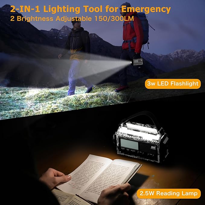 Emergency Radio 12000mAh with NOAA Weather Alert | Solar, Hand Crank, Battery AM/FM/Shortwave with Type-C Charger, Flashlight, SOS for Hurricane, Camping, Outdoor Survival